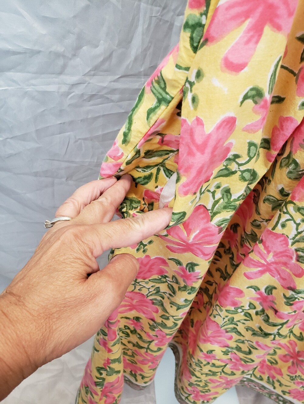 eShakti Yellow Pink Floral Ruched Empire Waist Midi Dress Pockets - Picture 5 of 11